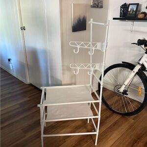 White Metal Organizer with Hooks and Shelf